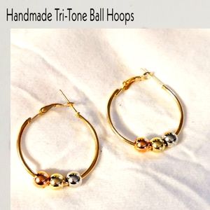 Tri-tone ball hoops. Charm hoops. Silver gold & rose gold.